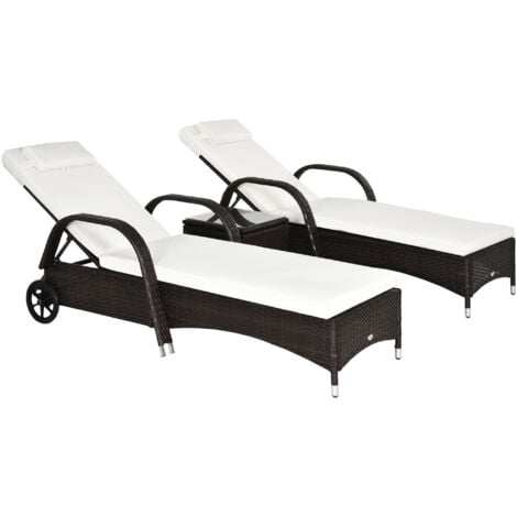 Outsunny 3 PCS Rattan Lounger Recliner Bed Garden Furniture Set Side Table Brown