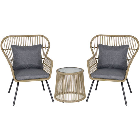 Outsunny 3 PCS Webbed PE Rattan Outdoor Patio Set w/ Cushions Steel Frame Coffee