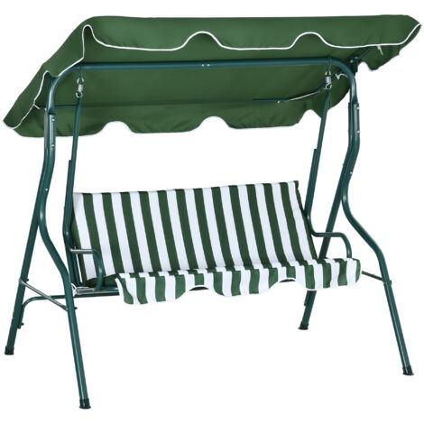 Outsunny 3-Person Outdoor Swing Chair Steel Frame Padded Patio Seat Stripes Green