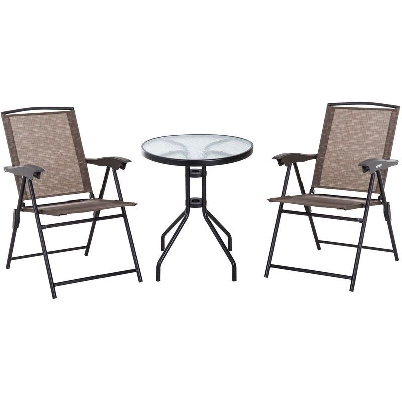 3 Piece Patio Furniture Set Folding Chairs Tempered Glass Table - Brown - Outsunny
