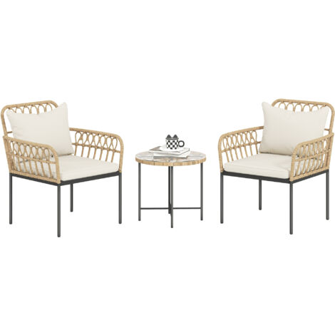 Outsunny 3 Piece Rattan Bistro Set, Balcony Table and Chairs with Cushions