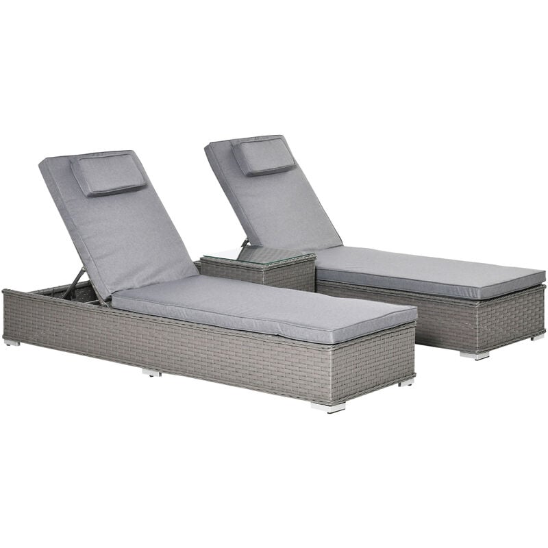3 Piece Rattan Lounge Set, Garden Furniture with Side Table, 5-Position Adjustable Recline Chair, Grey - Outsunny