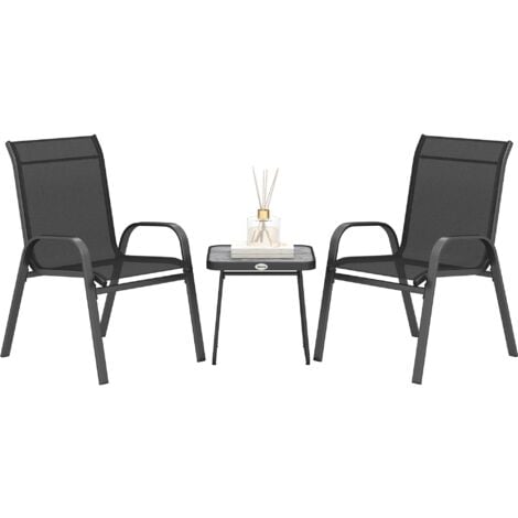 Outsunny 3 Pieces Outdoor Bistro Set, Patio Stackable Armchairs with Breathable Mesh Fabric and SPC Board Coffee Table Black