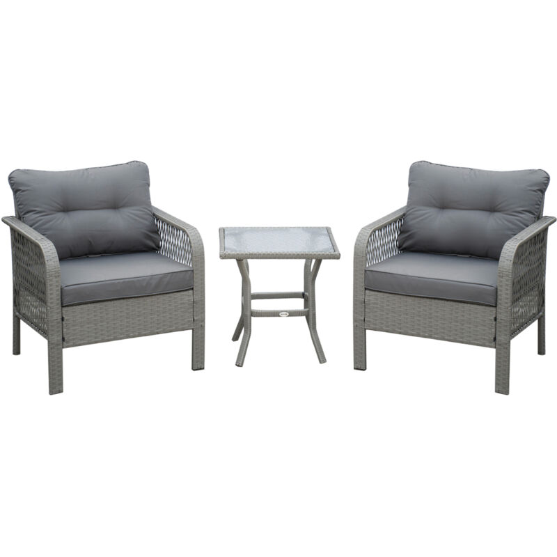 Outsunny 3 Pieces Patio Rattan Bistro Set with Tempered Glass Table Grey