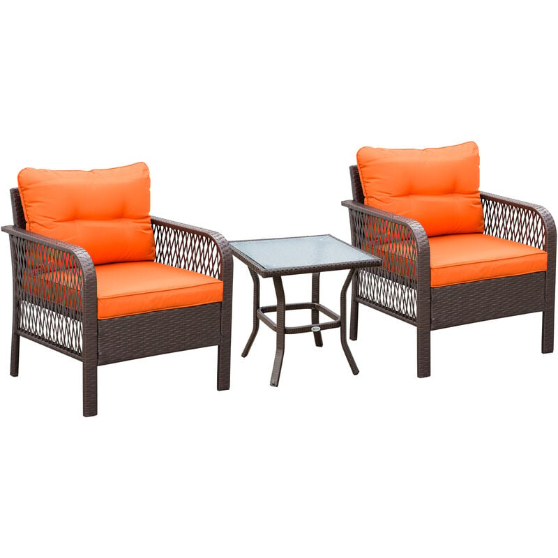 Outsunny 3 Pieces Patio Rattan Bistro Set with Tempered Glass Table Orange