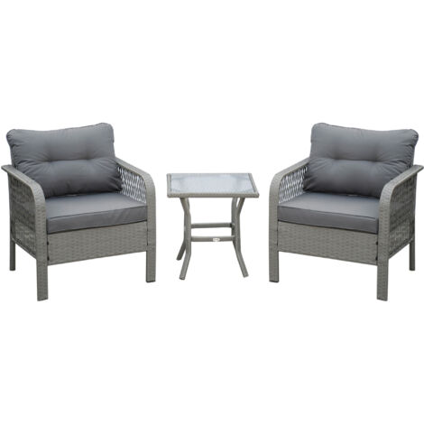 Outsunny 3 Pieces Patio Rattan Bistro Set with Tempered Glass Table Grey
