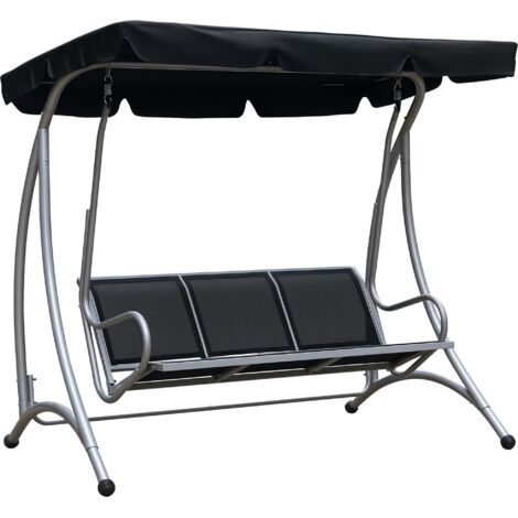 Outsunny 3 Seat Metal Fabric Backyard Balcony Patio Swing Chair with Canopy Top Black