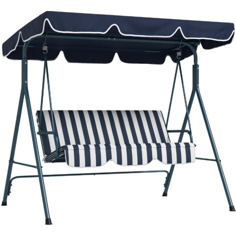 Outsunny 3-Seater Garden Swing Chair Steel Frame Canopy Padded Striped Blue