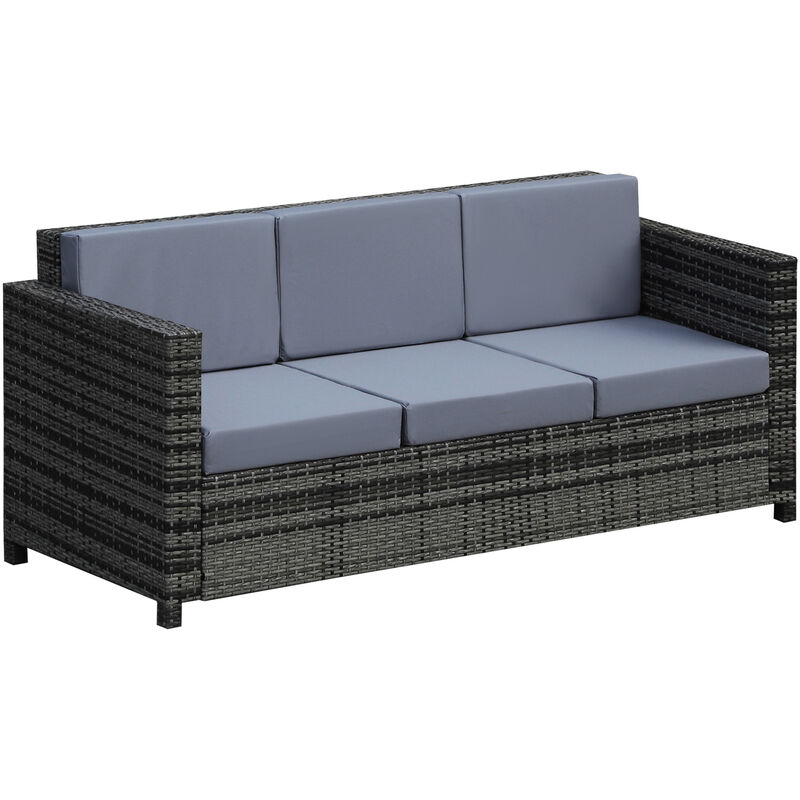 3-Seater Rattan Sofa Plastic Wicker w/ Padded Cushion Outdoor Patio Grey - Outsunny