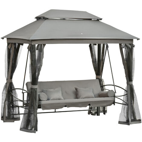 Outsunny 3 Seater Swing Chair 3-in-1 Convertible Hammock Bed Gazebo Patio Bench Outdoor with Double Tier Canopy, Cushioned Seat, Mesh Sidewalls, Grey