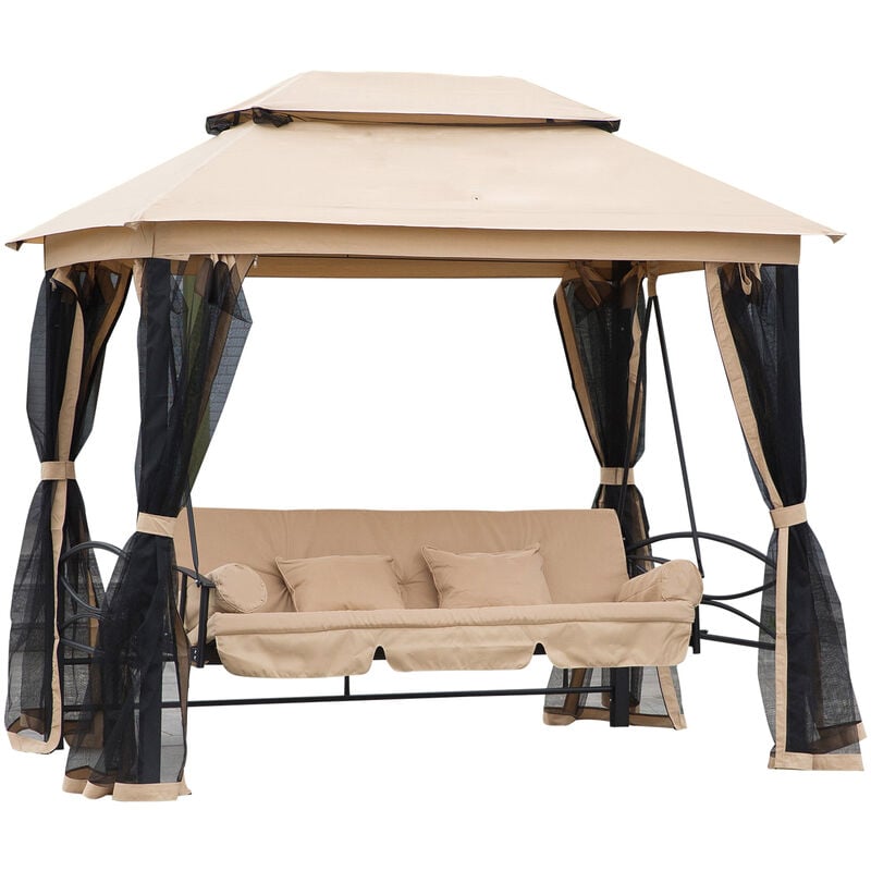 3 Seater Swing Chair Hammock Gazebo Patio Bench Cushioned Seat Mesh Curtains - Beige - Outsunny