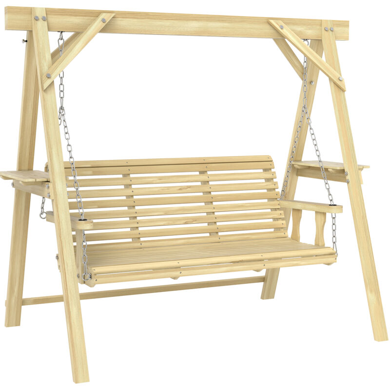 Outsunny 3 Seater Wooden Garden Swing Chair with Side Tables