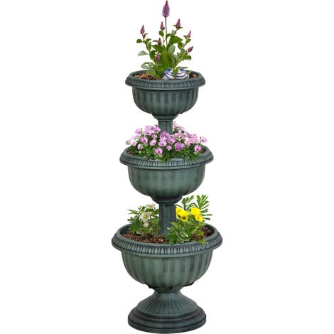 main image of "Outsunny 3-tier Chelsea Planter Flowers Display Thick Plastic Pattern Wide Base"