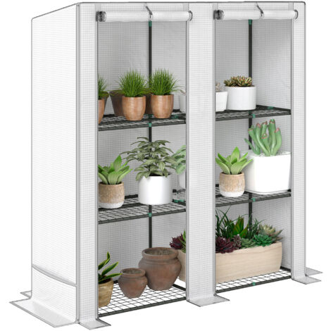 Outsunny 3 Tier Lean-to Mini Greenhouse with Grey Hemmed Edging, White