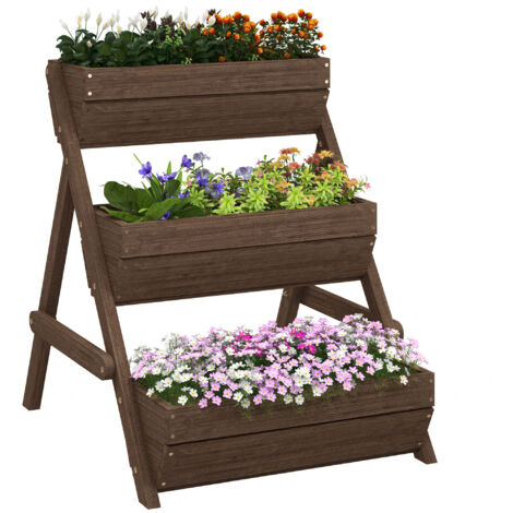 Outsunny 3 Tier Raised Garden Bed Wooden Elevated Planter Box Kit, 66L for Flower, Vegetable, Herb, 65x75x78cm, Tan