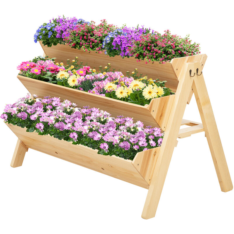 Outsunny 3-Tier Wooden Garden Flower Stand Plant Bed Storage w/ Backboard