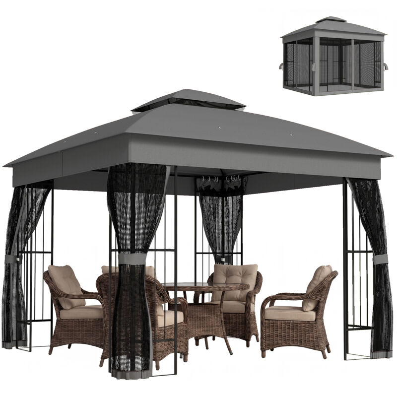 Outsunny 3 x 3 m Garden Gazebo with Shelves, UPF50+ Permanent Gazebo
