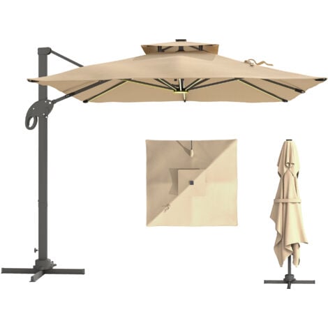 Outsunny 3 x 3(m) Cantilever Umbrella Power Bank Solar Cold Light Khaki
