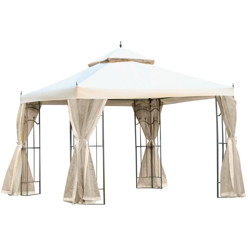 3 x 3(m) Garden Gazebo Double Top Gazebo Canopy w/ Curtains Cream - Outsunny