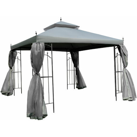 Outsunny 3 x 3(m) Garden Gazebo Double Top Gazebo Canopy w/ Curtains Grey