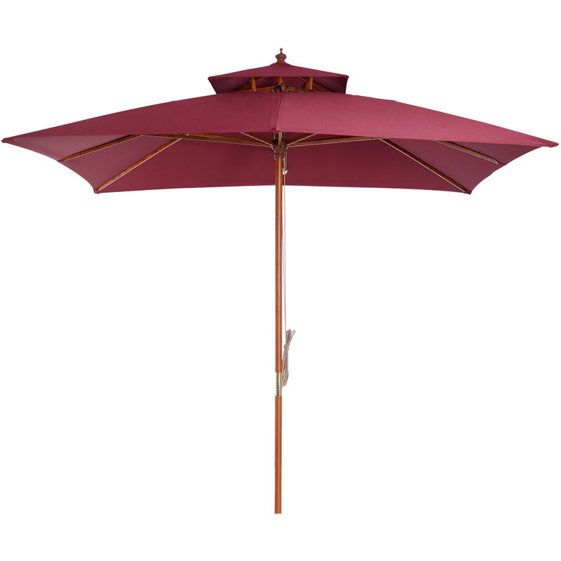 Outsunny 3 x 3m Patio Garden Sun Umbrella Sunshade Outdoor Wood Wooden Parasol Canopy Double Tier Wine Red