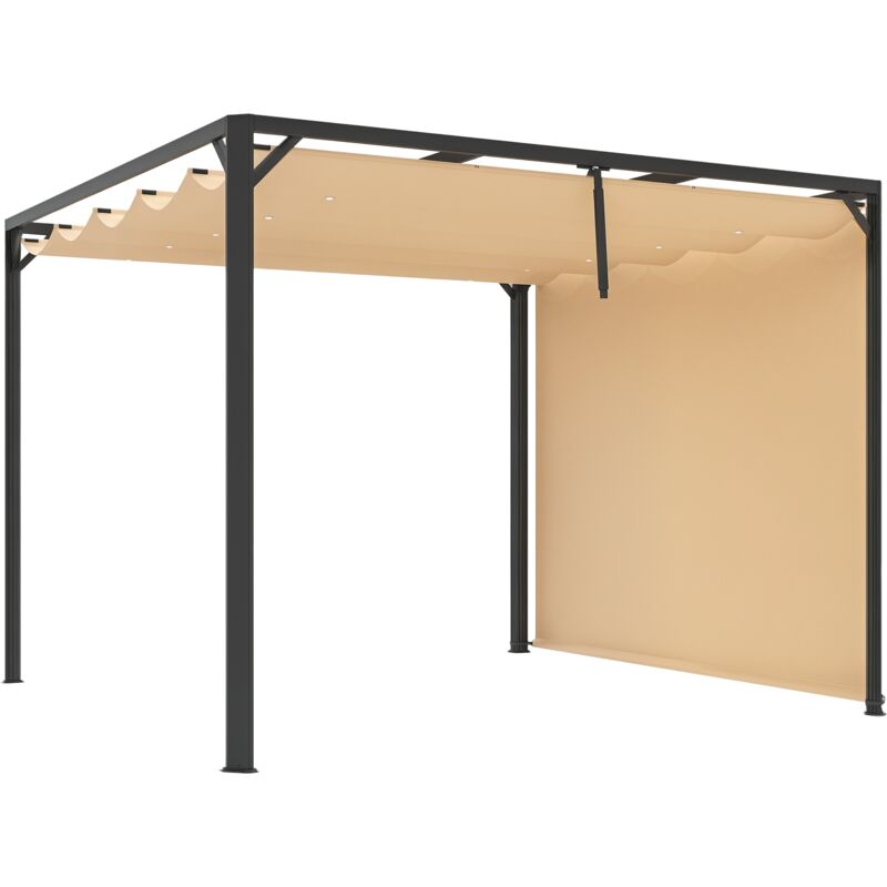 Outsunny - 3 x 3(m) Pergola with Retractable Roof & Roller Shade, Khaki