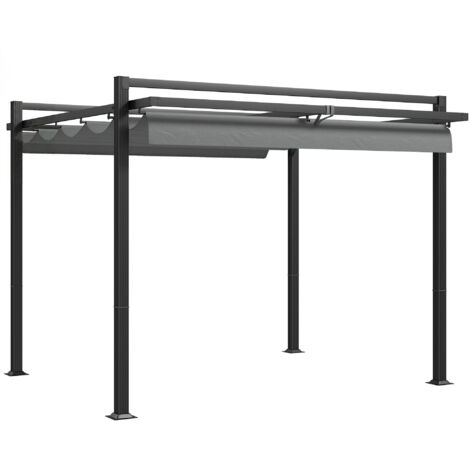 Outsunny 3 x 3(m) Retractable Pergola, Garden Gazebo Shelter with Aluminium Frame, for Grill, Patio, Deck, Dark Grey