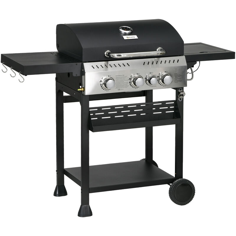 Outsunny - 3+1 Burner Propane Gas Barbecue Grill with Thermometer, Bottle Opener - Black