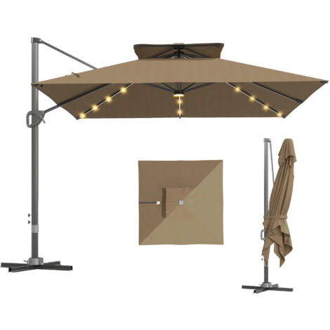 Outsunny 3.5m Aluminium Cantilever Parasol w/ LED Lights Crank Tilt UV50+ Khaki