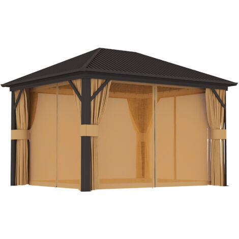 Outsunny 3.6 x 3(m) Metal Garden Hardtop Gazebo with Screened Curtain Brown