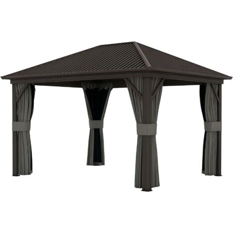 Outsunny 3.6 x 3(m) Metal Garden Hardtop Gazebo with Screened Curtain Dark Grey