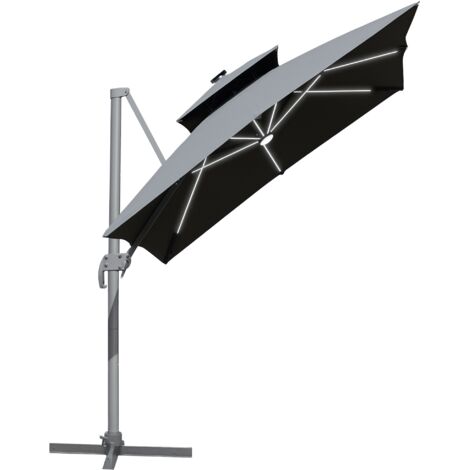 Outsunny 3m Cantilever Parasol LED Patio Umbrella for Lawn Beach Poolside Grey