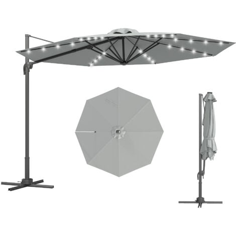 Outsunny 3(m) Cantilever Parasol Patio Sun Umbrella w/ Base Solar Lights Grey
