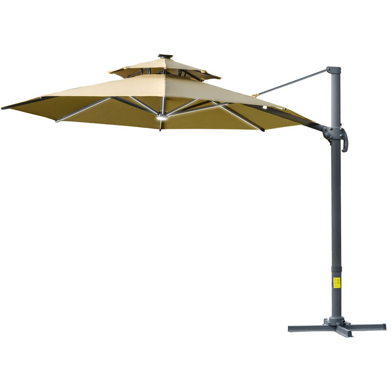 Outsunny 3m Cantilever Roma Parasol with LED Solar Lights Cross Base Adjustable Canopy 360° Rotating Sun Umbrella 2-Tier Shade Shelter - Beige