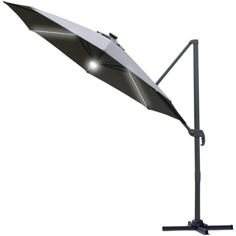 Outsunny 3(m) LED Cantilever Parasol Outdoor with Base Solar Lights Grey