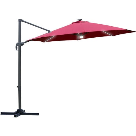 Outsunny 3(m) LED Cantilever Parasol Outdoor with Base Solar Lights Red