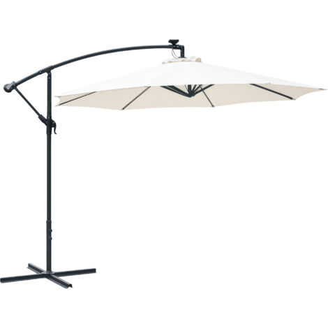 Outsunny 3(m) LED Patio Banana Umbrella Cantilever Parasol w/ Crank Cream