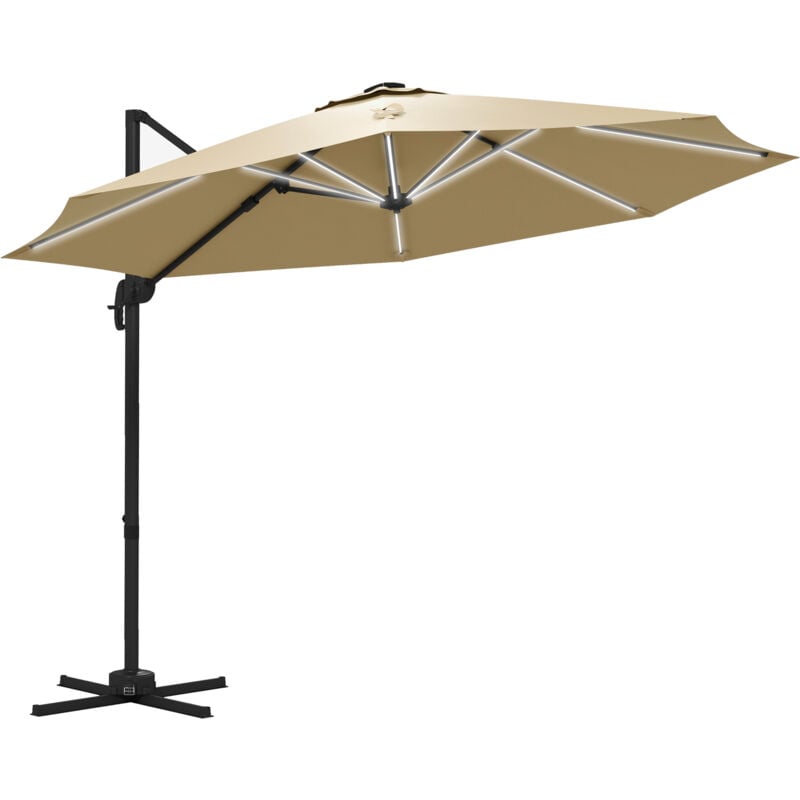 3m Cantilever Roma Parasol Adjustable Garden Sun Umbrella with LED Solar Light Cross Base Rotating Outdoor- Khaki - Outsunny