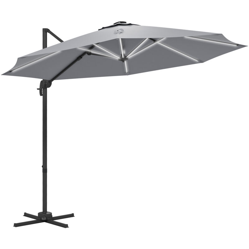 3m Cantilever Roma Parasol Adjustable Garden Sun Umbrella with LED Solar Light Cross Base Rotating Outdoor- Grey - Outsunny