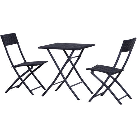 Outsunny 3PC Bistro Set Rattan Furniture Garden Folding Chair Table  Black