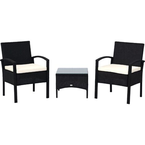 Outsunny 3PC Garden Rattan Bistro Set with Glass Top Table Black