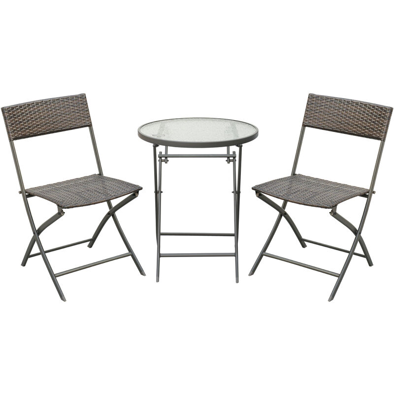 Outsunny 3PC Rattan Bistro Set 2 Folding Chair Coffee Table Garden Furniture - Brown