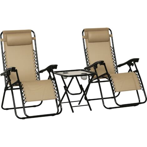 Outsunny 3PC Zero Gravity Chairs Sun Lounger Table Set w/ Cup Holders Beige