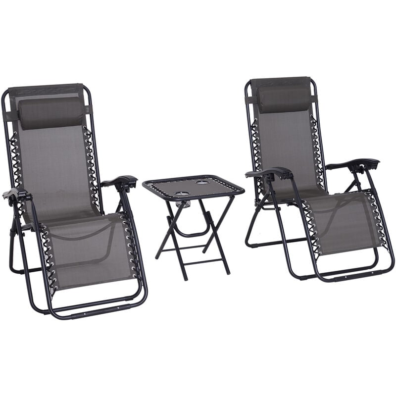 Outsunny 3PC Zero Gravity Chairs Sun Lounger Table Set w/ Cup Holders Dark Grey