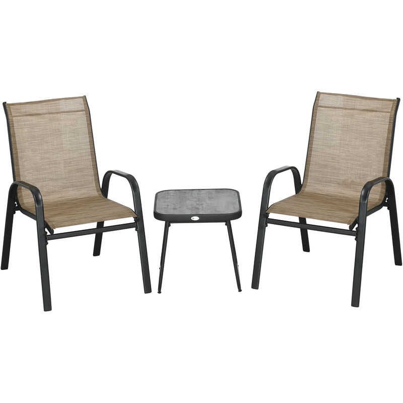 3 Pieces Outdoor Bistro Set, Patio Stackable Armchairs with Breathable Mesh Fabric and spc Board Coffee Table Brown - Outsunny