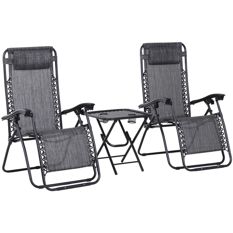 3pcs Folding Zero Gravity Chairs Sun Lounger Table Set w/ Cup Holders Reclining Garden Yard Pool, Light Grey - Outsunny