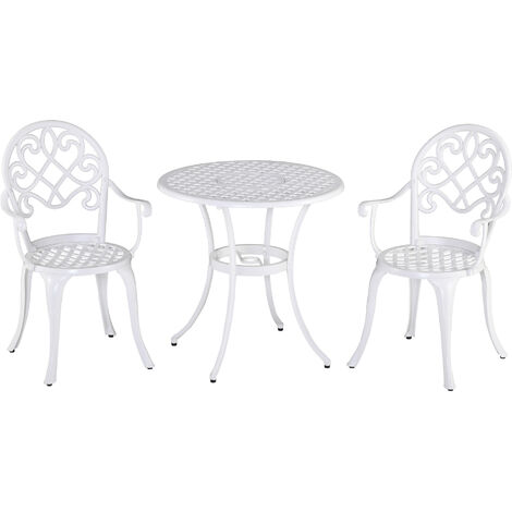 Outsunny 3PCs Garden Bistro Set Cast Aluminium Round Table with 2 Chairs White