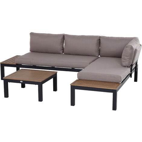 Outsunny 3pcs Garden Sectional Sofa Side Table Furniture Set Aluminum w/ Cushion