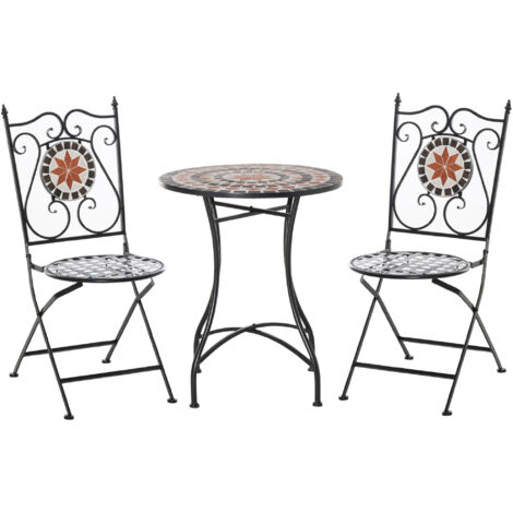 Outsunny 3PCs Garden Set 1 Ceramic Tile Round Table and 2 Foldable Chairs