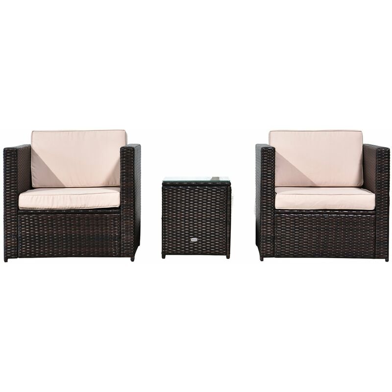 3Pcs Patio 2 Seater Rattan Sofa Garden Furniture Set w/ Cushions Brown - Outsunny